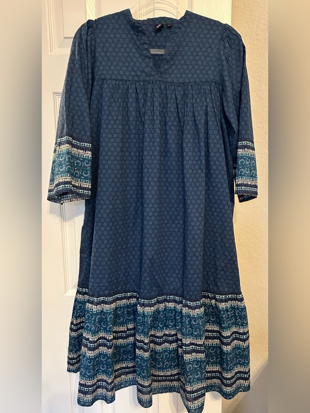 Anna Sui Blue Patterned Midi Dress with Decorative Trim